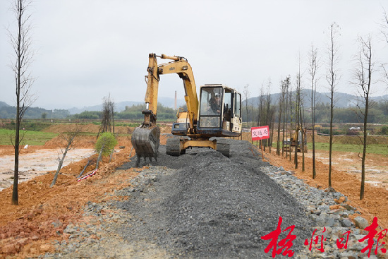 月12日，在萬秀區夏郢鎮，施工機械正鋪設道路沙石。     夏郢鎮依托思良江兩岸山水自然風光，開發休閑農業觀光項目。萬秀區政府與市直有關部門共同在該項目的油菜花基地修建一條沙石道路，既方便游客，又為村民生產勞動提供便利。      孟亞西  攝   